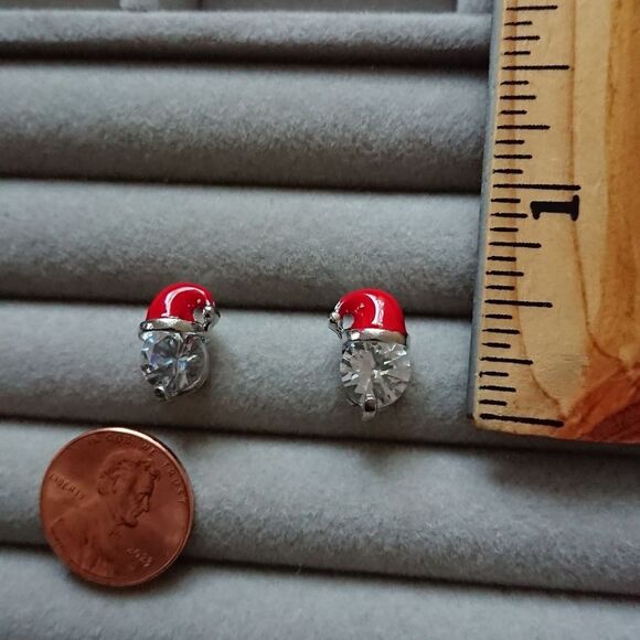 Cute Christmas Hat Cubic Zirconia Stud Earrings - Silver tone - Picture 9 of 9